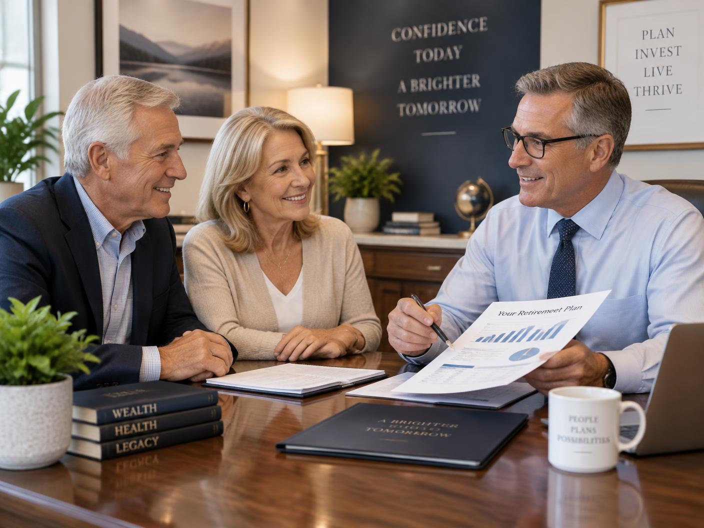 A retirement advisor reviewing a personalized retirement plan with a couple in a modern office