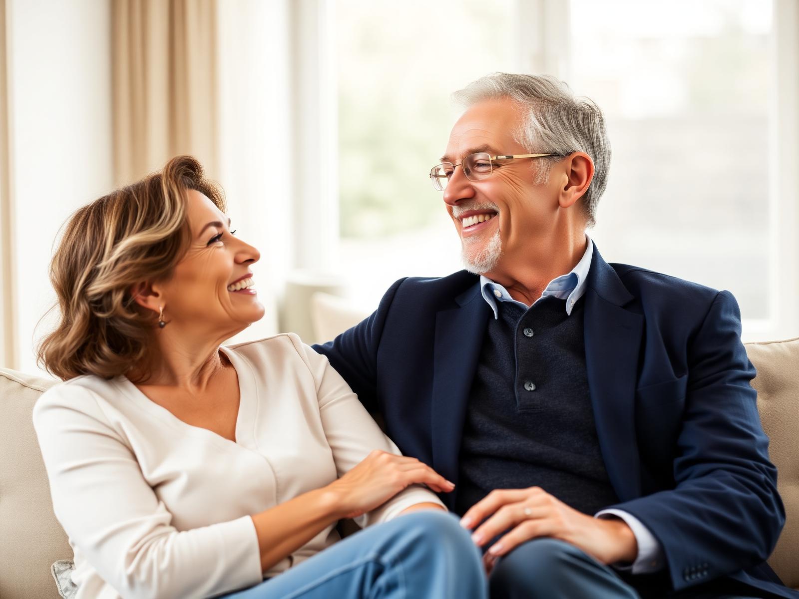 A happy pre-retiree couple discussing their financial future